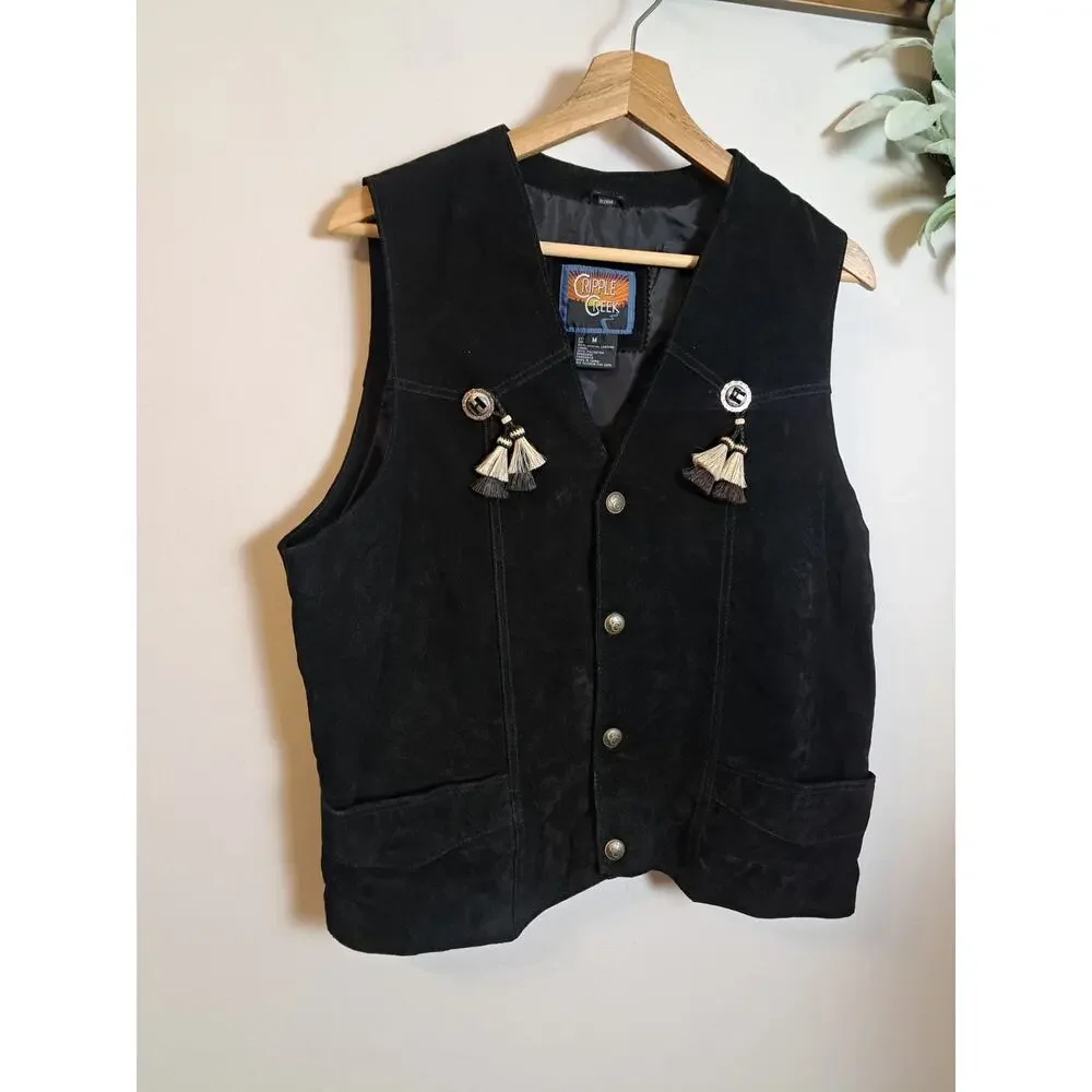 Cripple Creek Women's Leather Tassle Black Vest Western Sz M